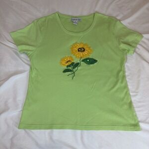 Bobbie Bell Sunflower T-Shirt Top Cotton Size Medium Vintage Beaded